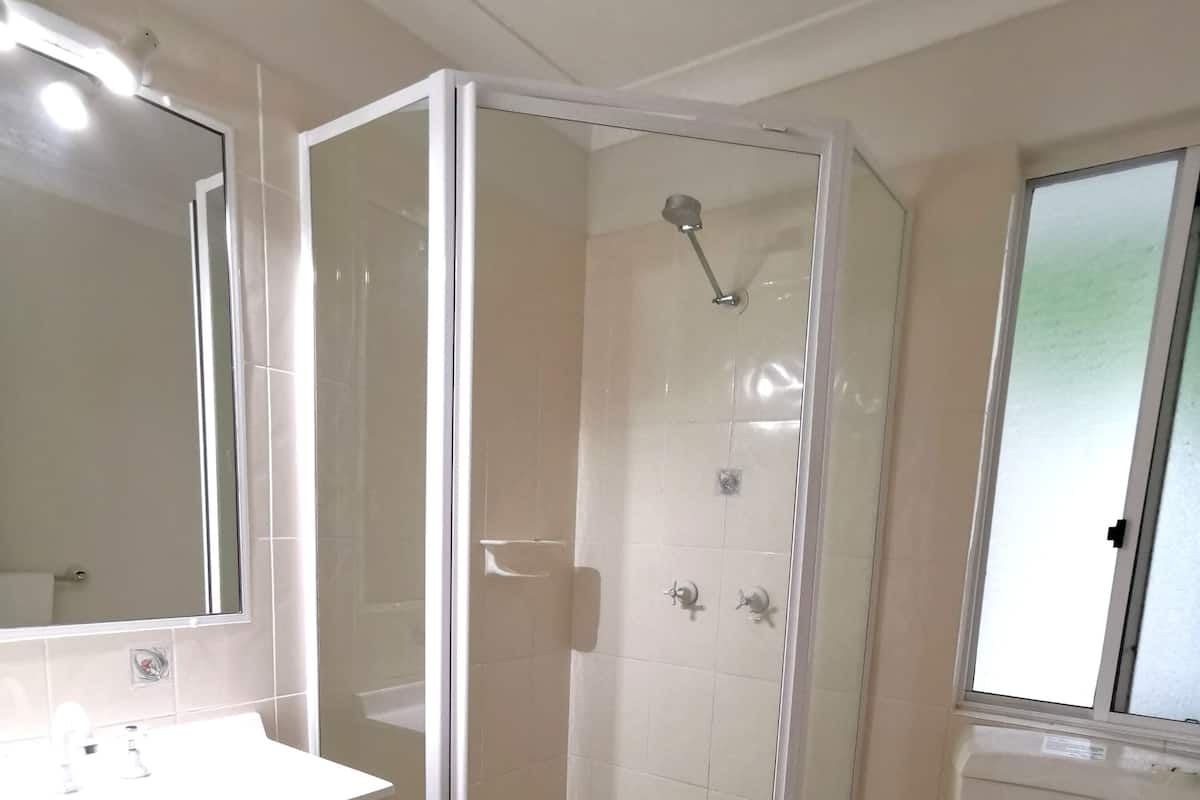 A bathroom with a shower enclosure, a toilet, and a sink with a mirror.