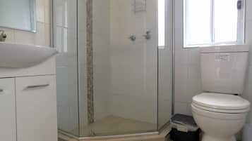 Een moderne badkamer met een douchecabine van glas, een wit toilet en een wastafel met spiegel.
