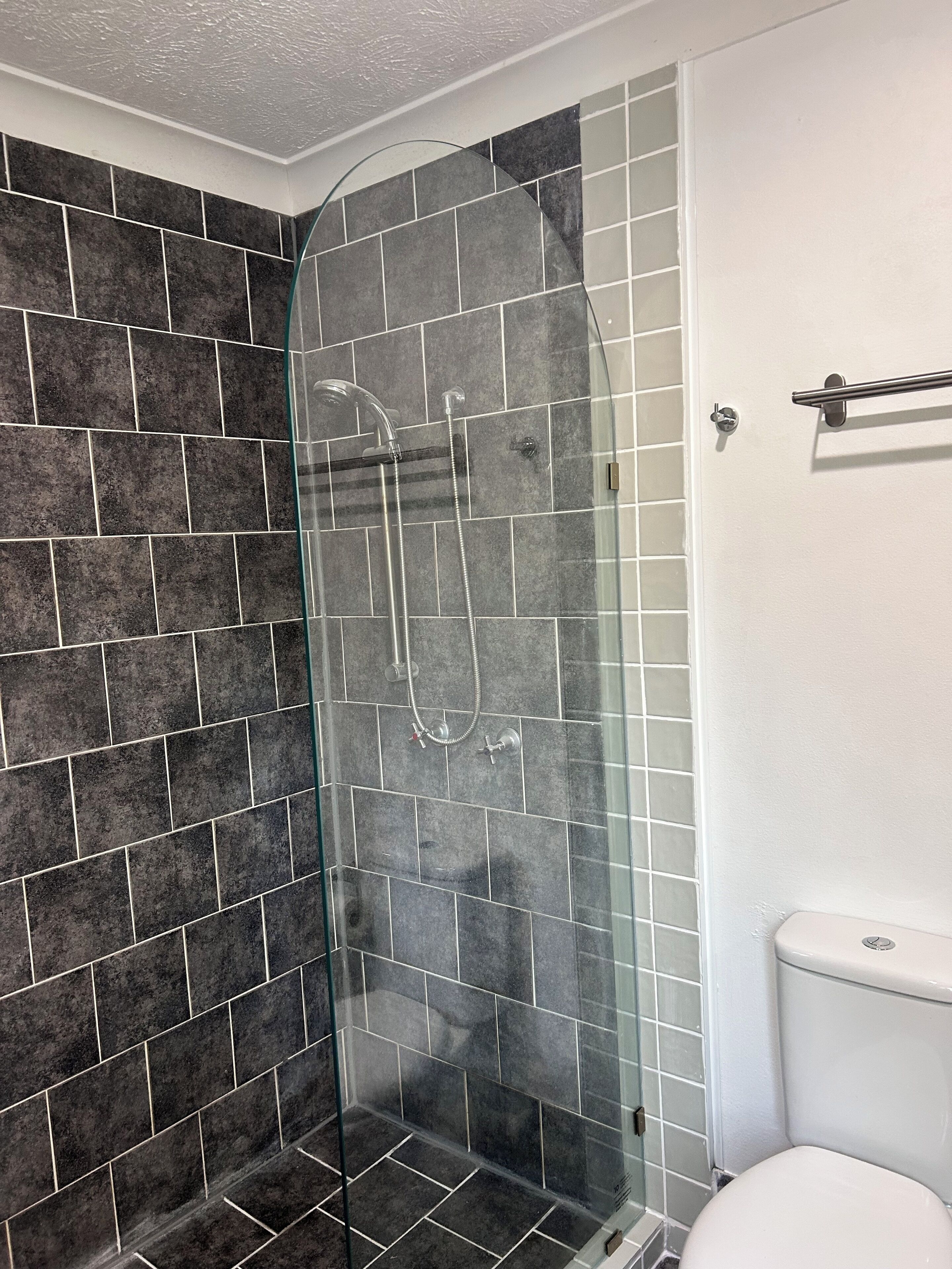 Un box de ducha con puerta de cristal, paredes de azulejos y un inodoro blanco.