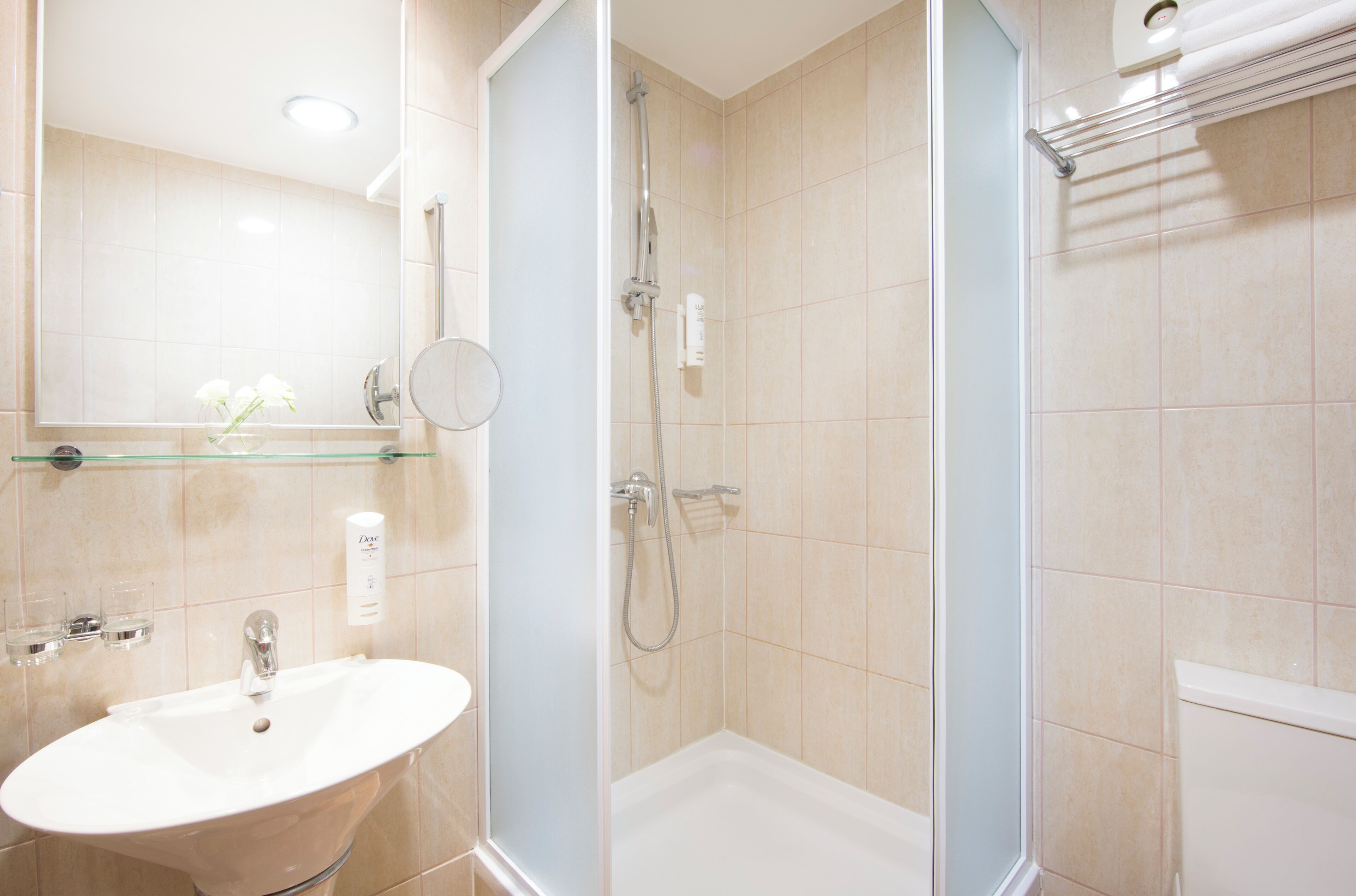 combined shower/bathtub, hair dryer, towels