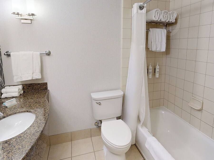 Un baño con lavamanos, inodoro y bañera.