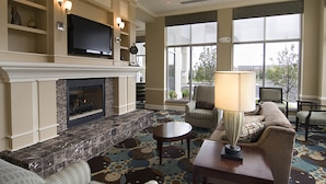 A hotel lobby with a fireplace, television, comfortable seating, and large windows offering a view outside. - Hilton Garden Inn Detroit/Novi (Novi)