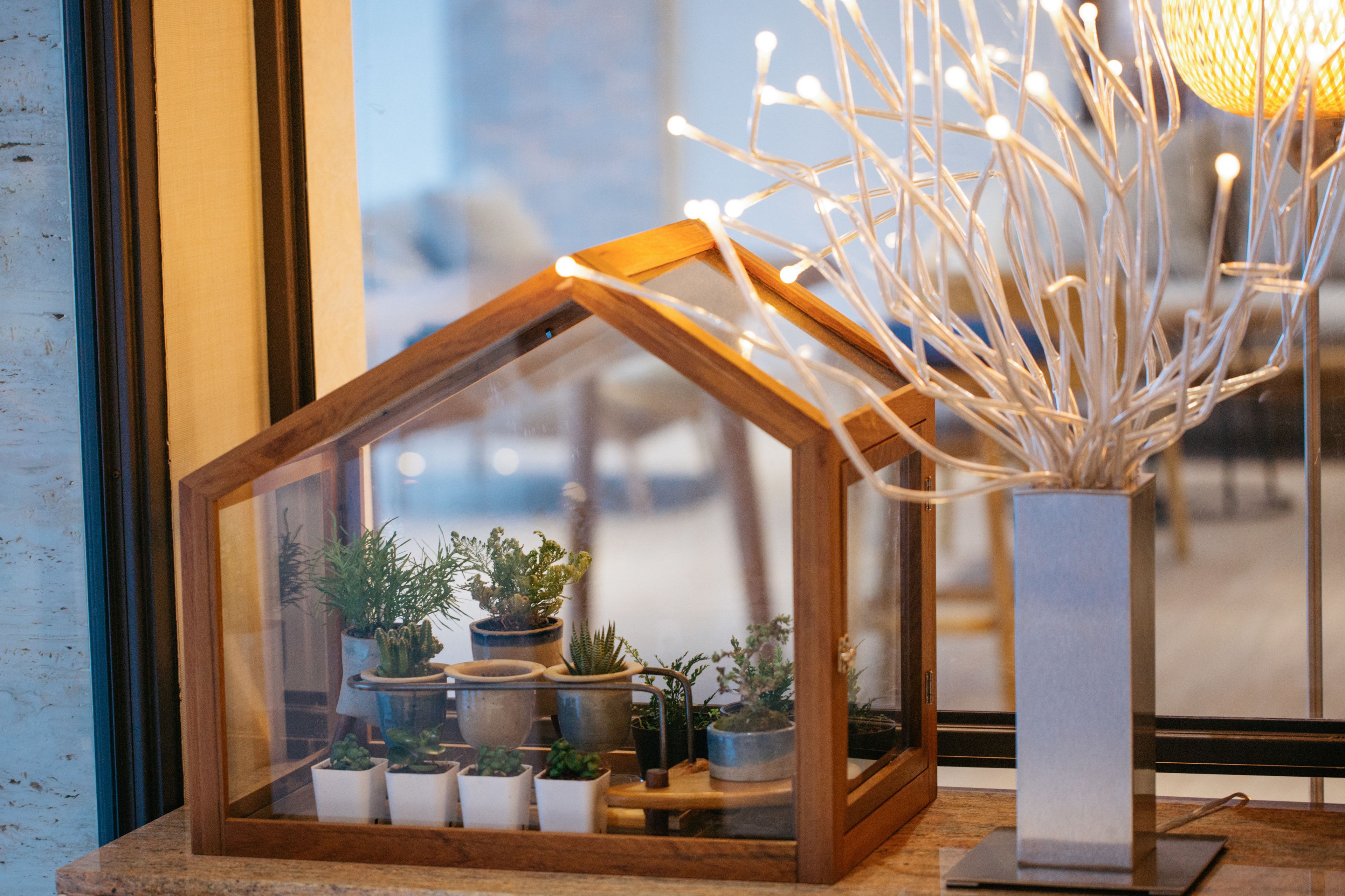 Une sorte de petite maison en bois servant de présentoir, avec des plantes en pot à l’intérieur, placée sur un comptoir près d’une fenêtre.
