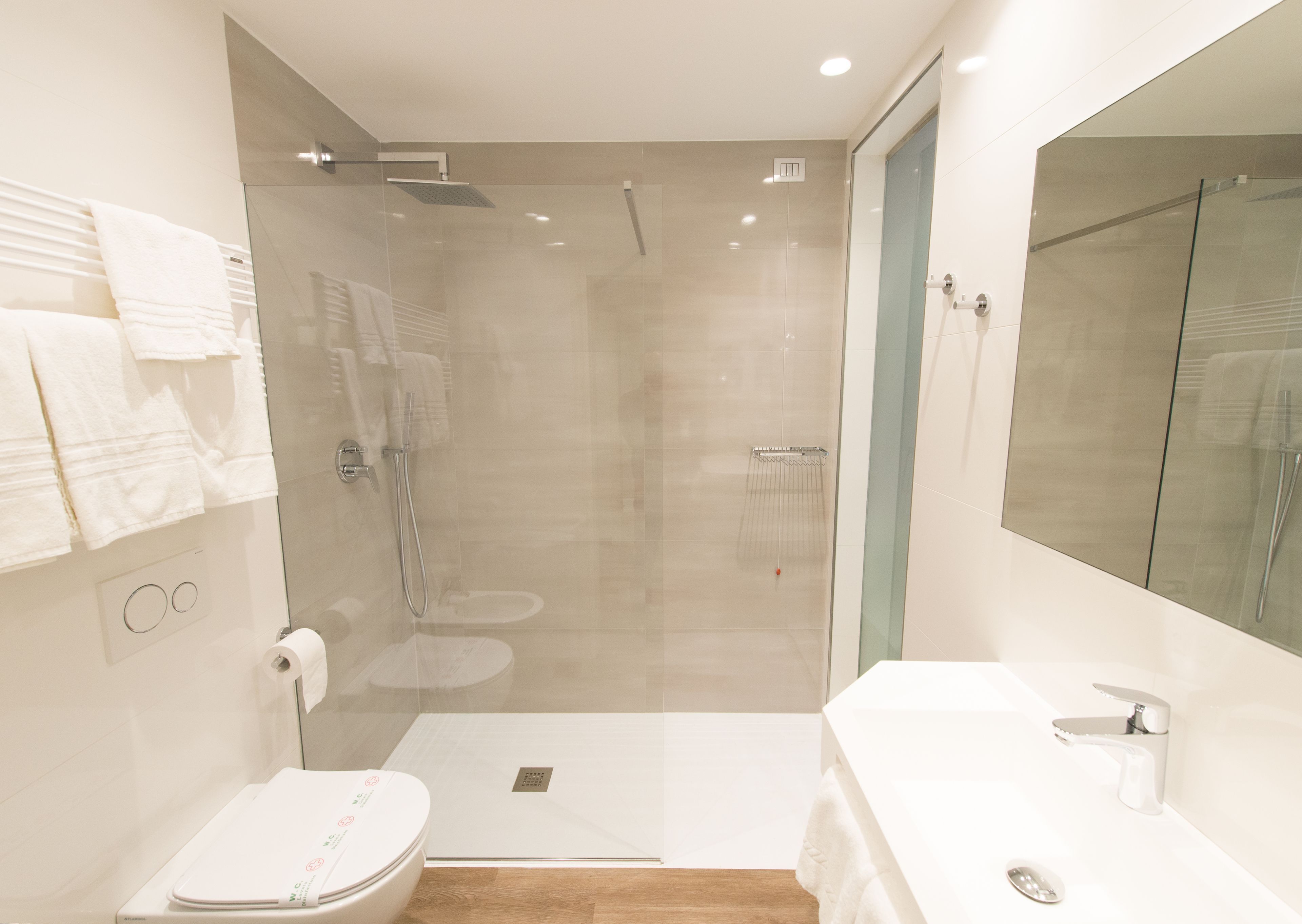 Un baño moderno con ducha de vidrio, inodoro blanco y lavabo con espejo.