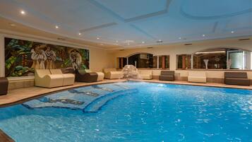 Indoor pool, outdoor pool, open 8:00 AM to 7:00 PM, pool loungers