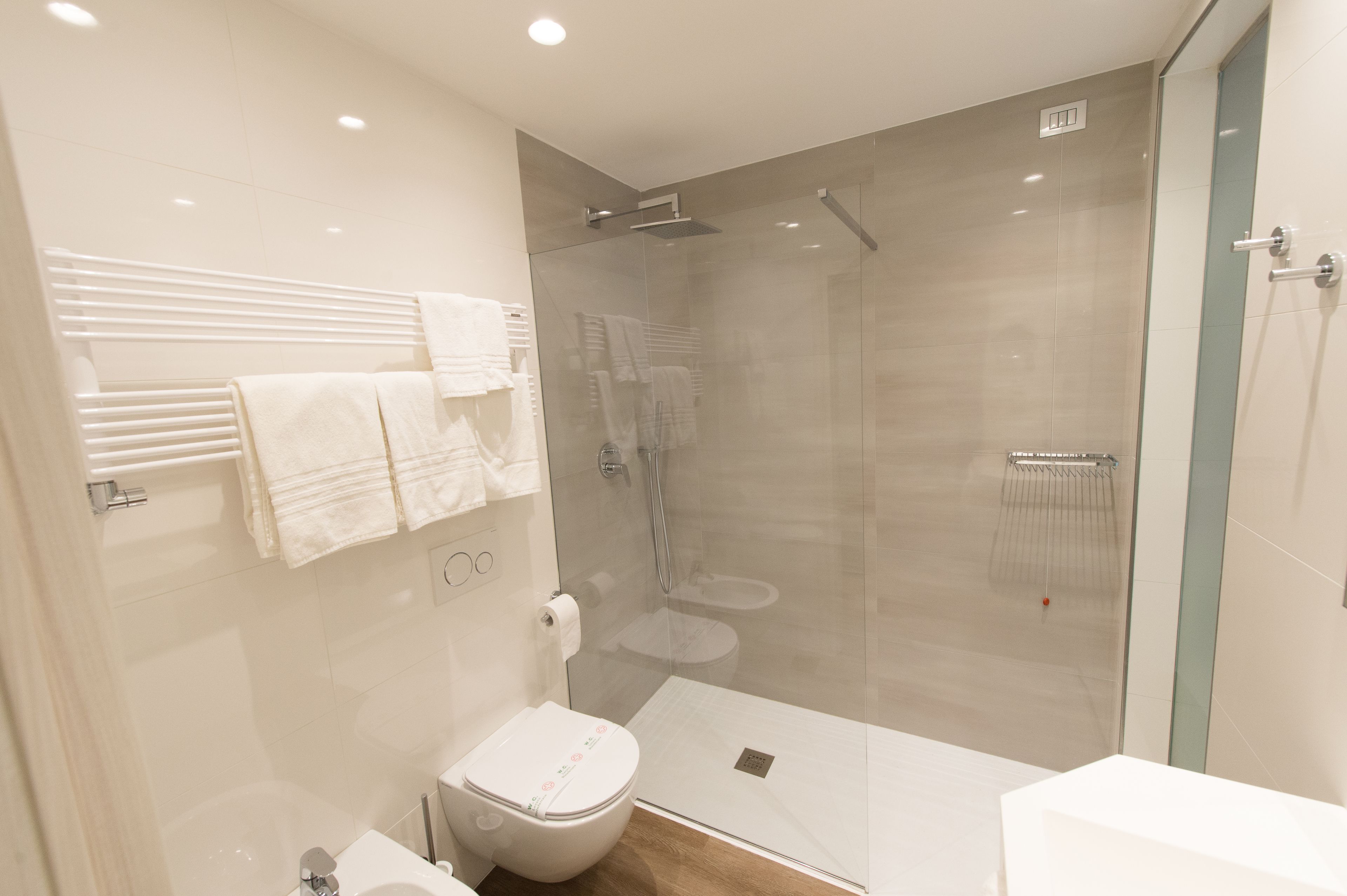 Un bagno moderno con doccia vetrata, un water bianco e un lavandino.