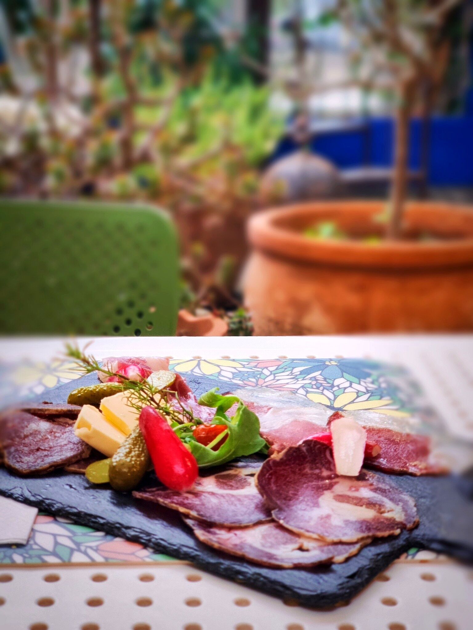 Ein Tisch mit verschiedenen Speisen, darunter Fleisch und Gemüse, vor einer grünen Kulisse und einem Blumentopf.