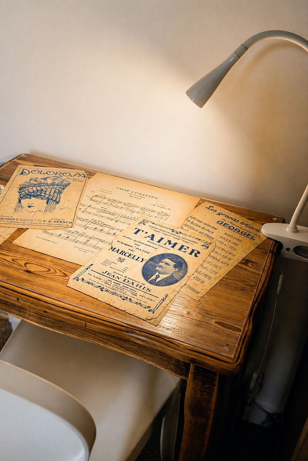 A wooden table with vintage posters and a lamp.