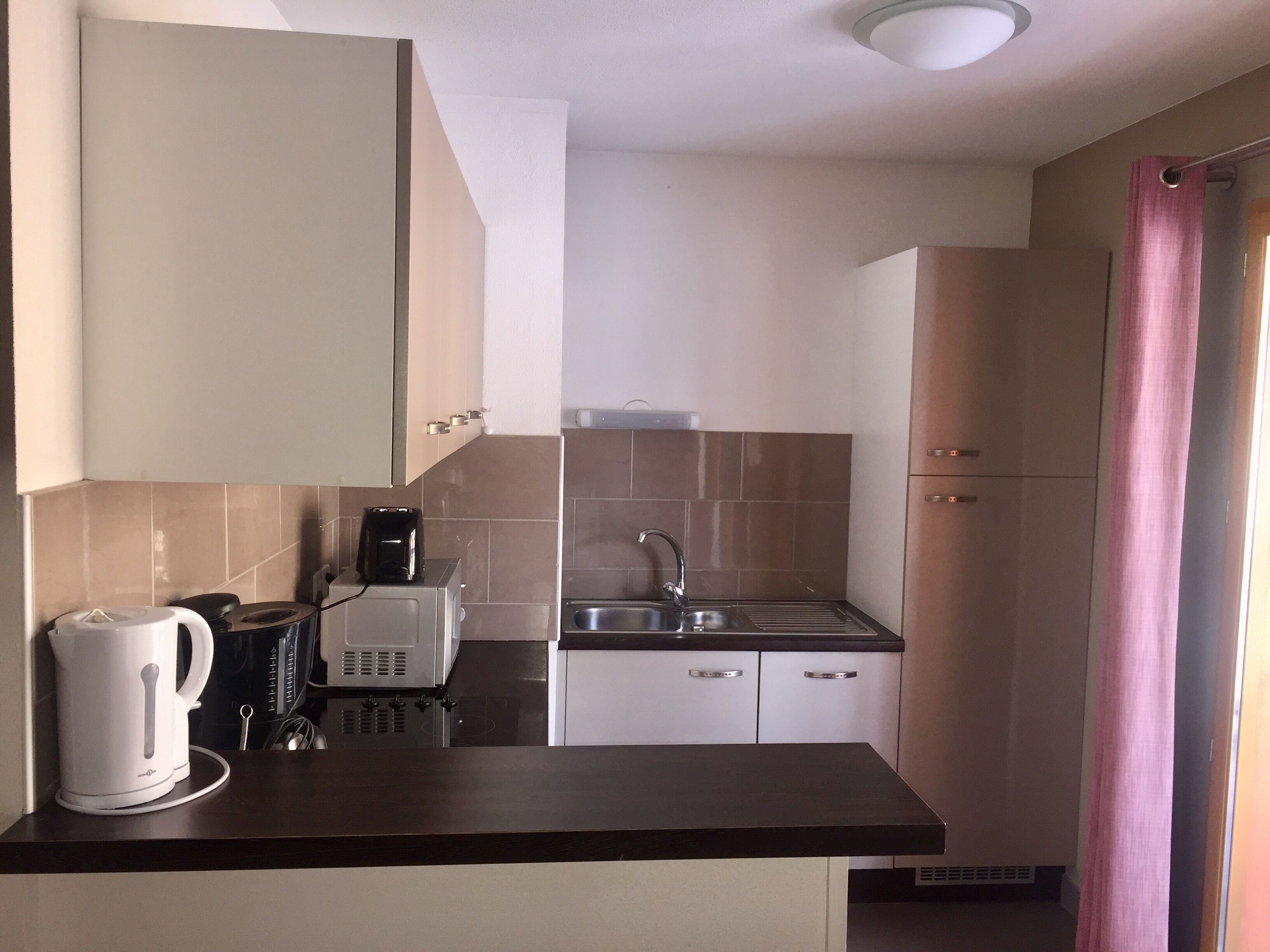 Una cocina compacta con un lavamanos, una cafetera y un tostador.