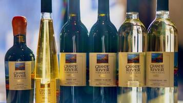 A row of wine bottles from Grande River Vineyards.