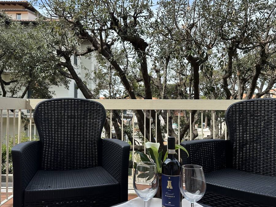 Un espacio al aire libre con sillas de mimbre y una mesa con copas de vino y una botella.