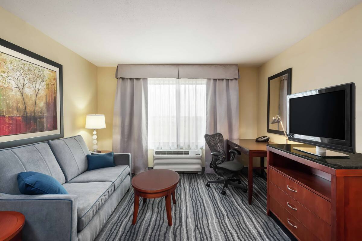 A hotel room with a gray sofa, a small wooden table, a TV on a wooden stand, a desk with a chair, and a large window with curtains.