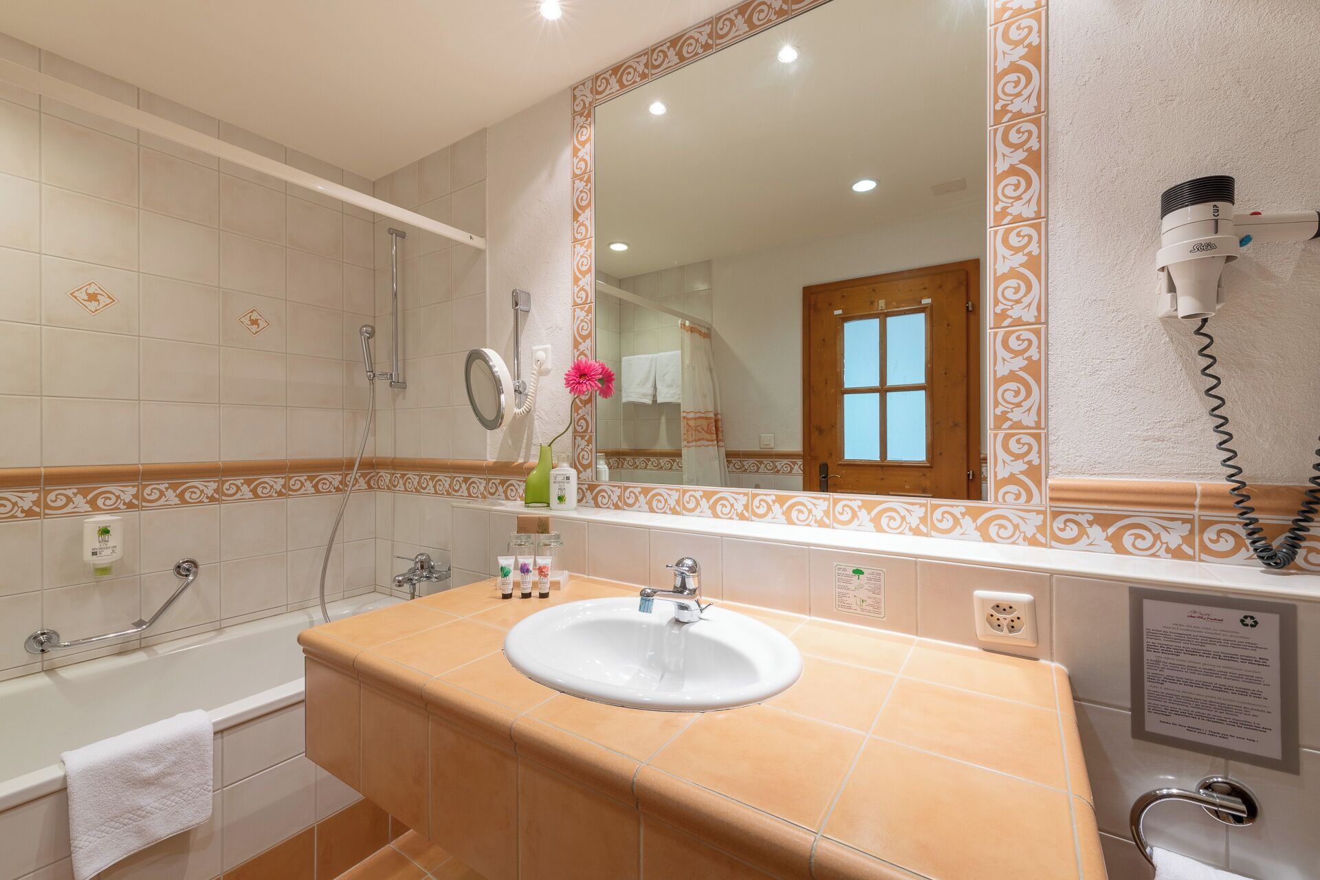 comfort double room (with separate sofa area) | bathroom | hair dryer, towels, soap, shampoo