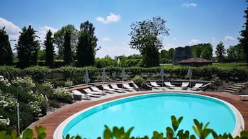 Piscina stagionale all'aperto, ombrelloni da piscina, lettini