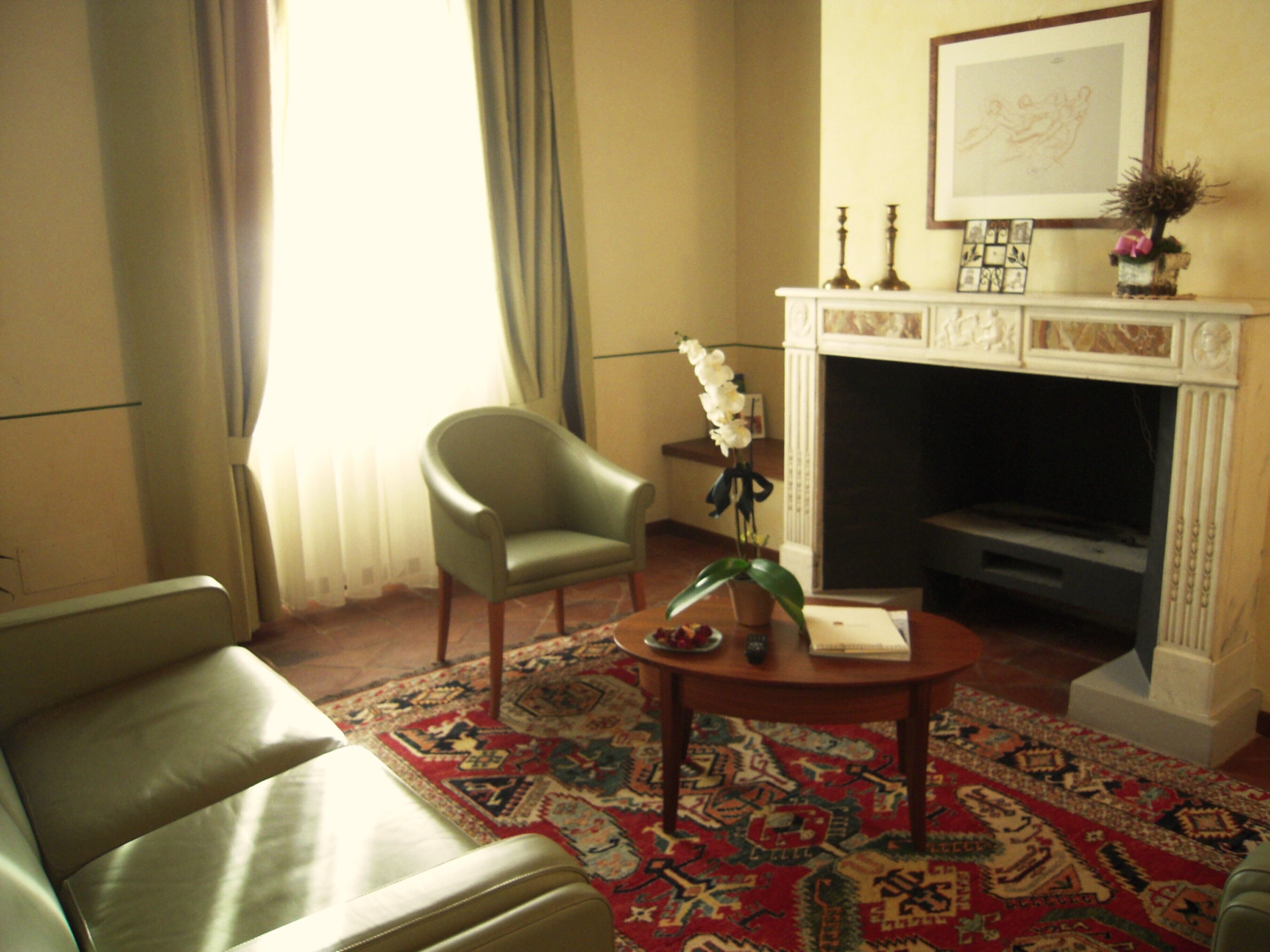 A living room with a sofa, armchair, fireplace, and a decorative rug.