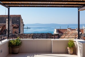 Enjoy breathtaking views of the sea from this balcony, featuring a metal railing and two potted plants.