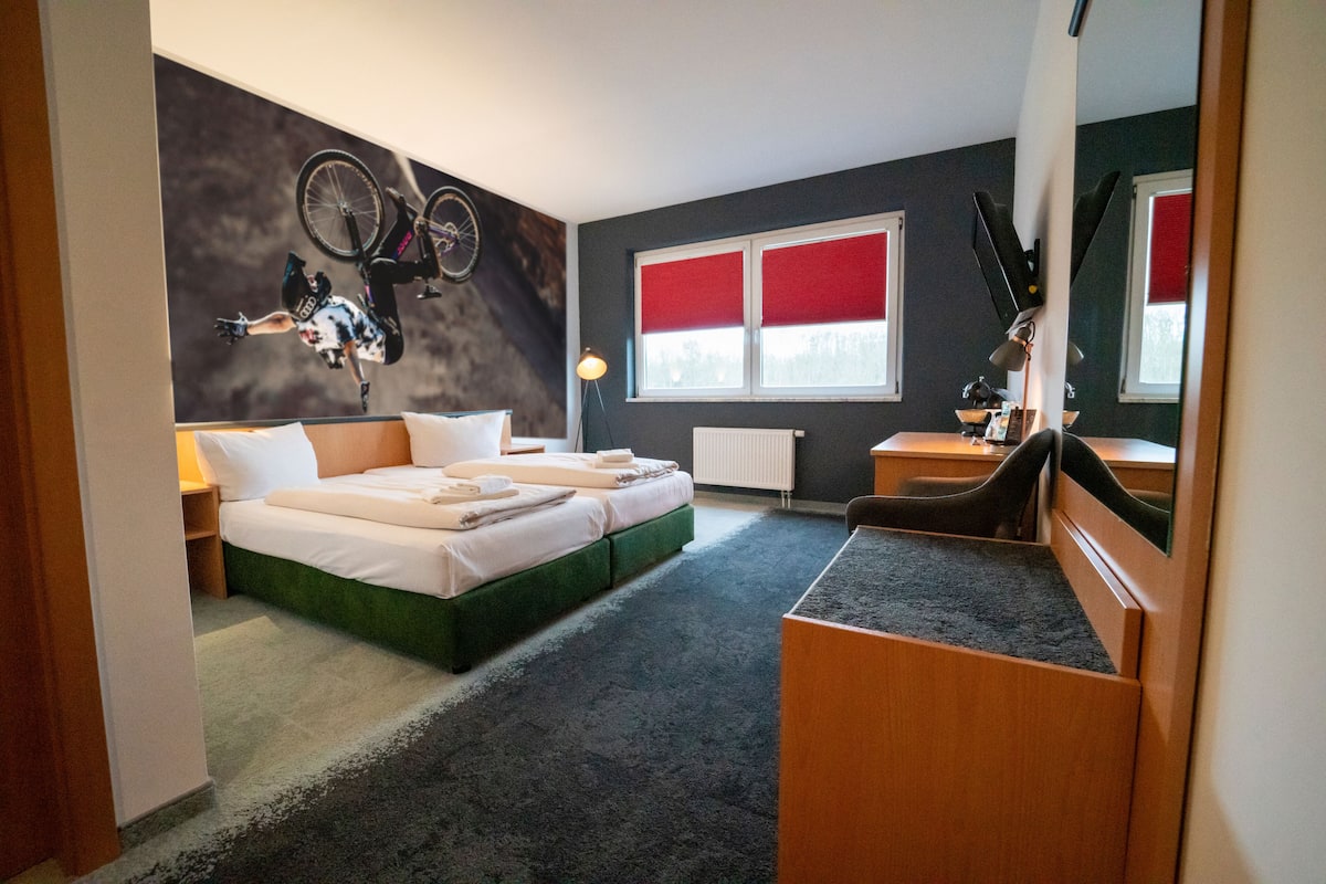 A hotel room with a bed, a desk, a chair, a bicycle mounted on the wall, and a window with red blinds.