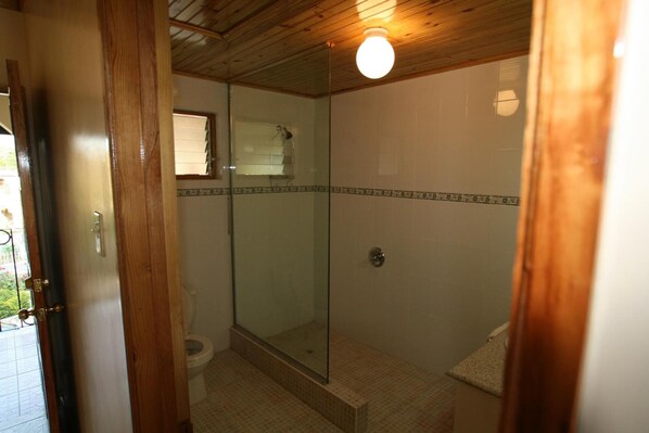 Un baño con cabina de ducha de vidrio, inodoro y lavamanos.