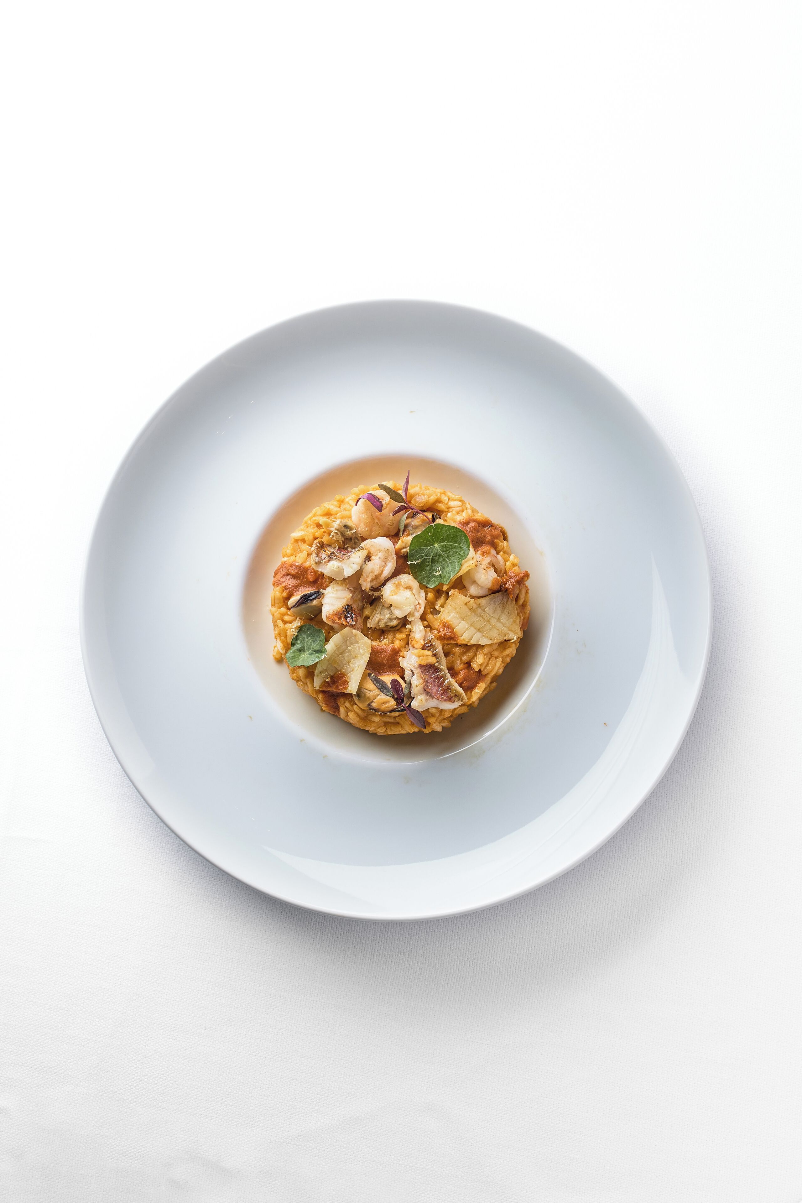 Um prato branco com risotto coberto de ervas e nozes.