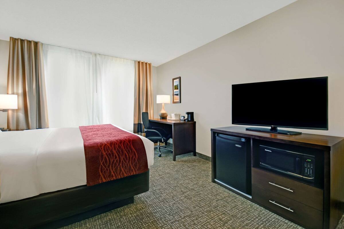 Une chambre d’hôtel équipée d’un lit, d’un bureau, d’une télévision et d’un four à micro-ondes.