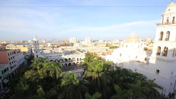 A cityscape with prominent white buildings, including a large dome and bell tower, surrounded by lush green palm trees.