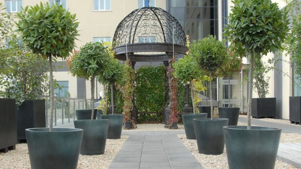 A pathway lined with large planters leading to a central decorative structure. - Talbot Hotel Carlow (Carlow)