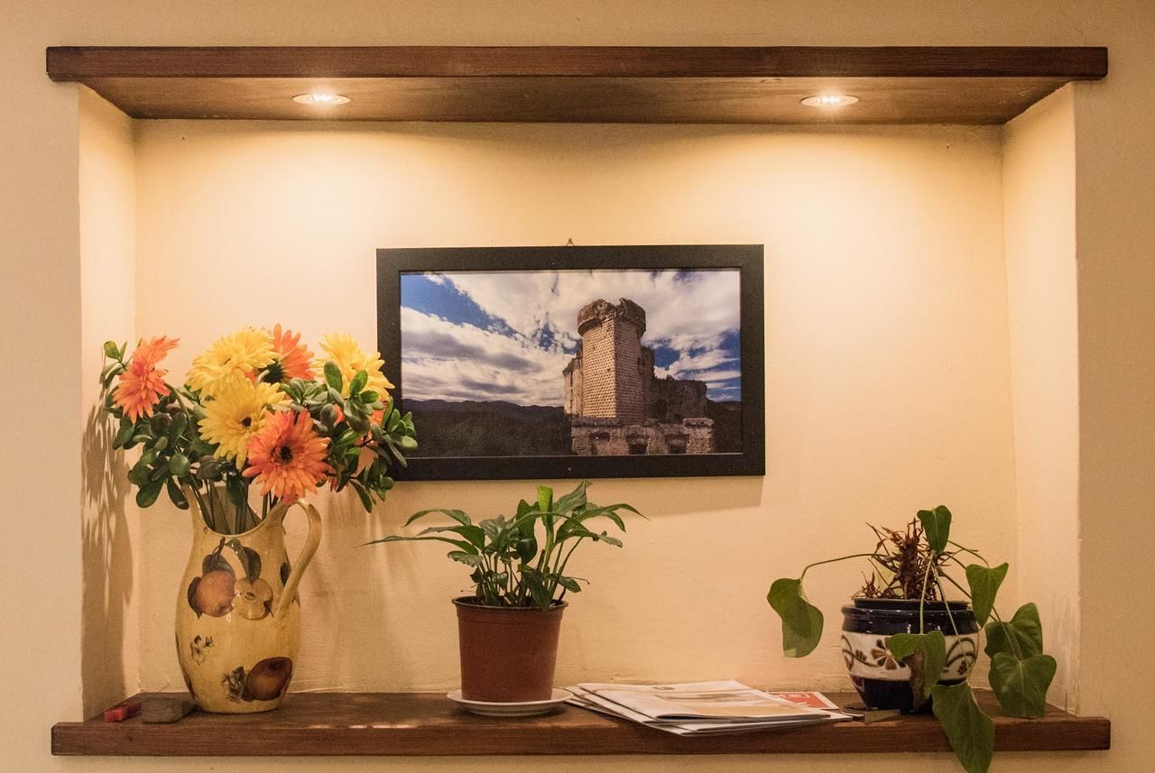 Una fotografía enmarco de un castillo colgada en una pared, un florero con flores y dos macetas con plantas en una estantería.
