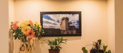 A framed photograph of a castle on a wall, a vase with flowers, and two potted plants on a shelf.
