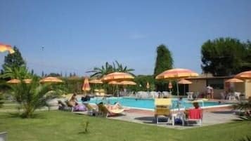 Seasonal outdoor pool, pool umbrellas, sun loungers
