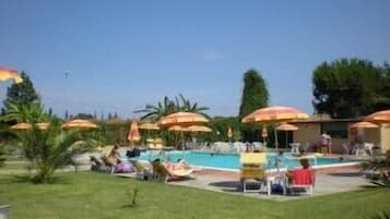 Seasonal outdoor pool, pool umbrellas, pool loungers