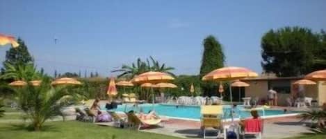 Seasonal outdoor pool, pool umbrellas, pool loungers
