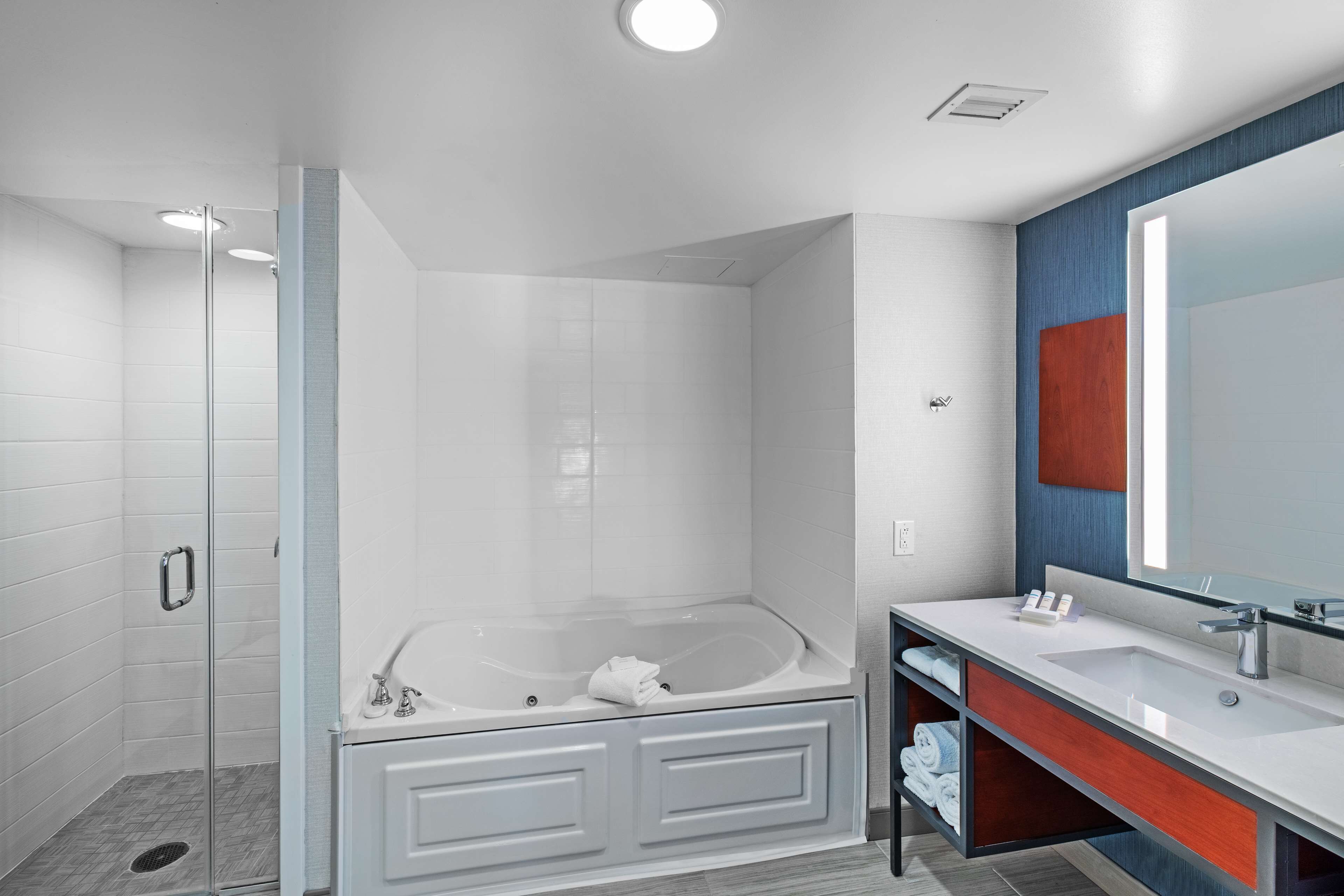 A modern bathroom with a glass-enclosed shower, a freestanding bathtub, and a vanity with a large mirror.