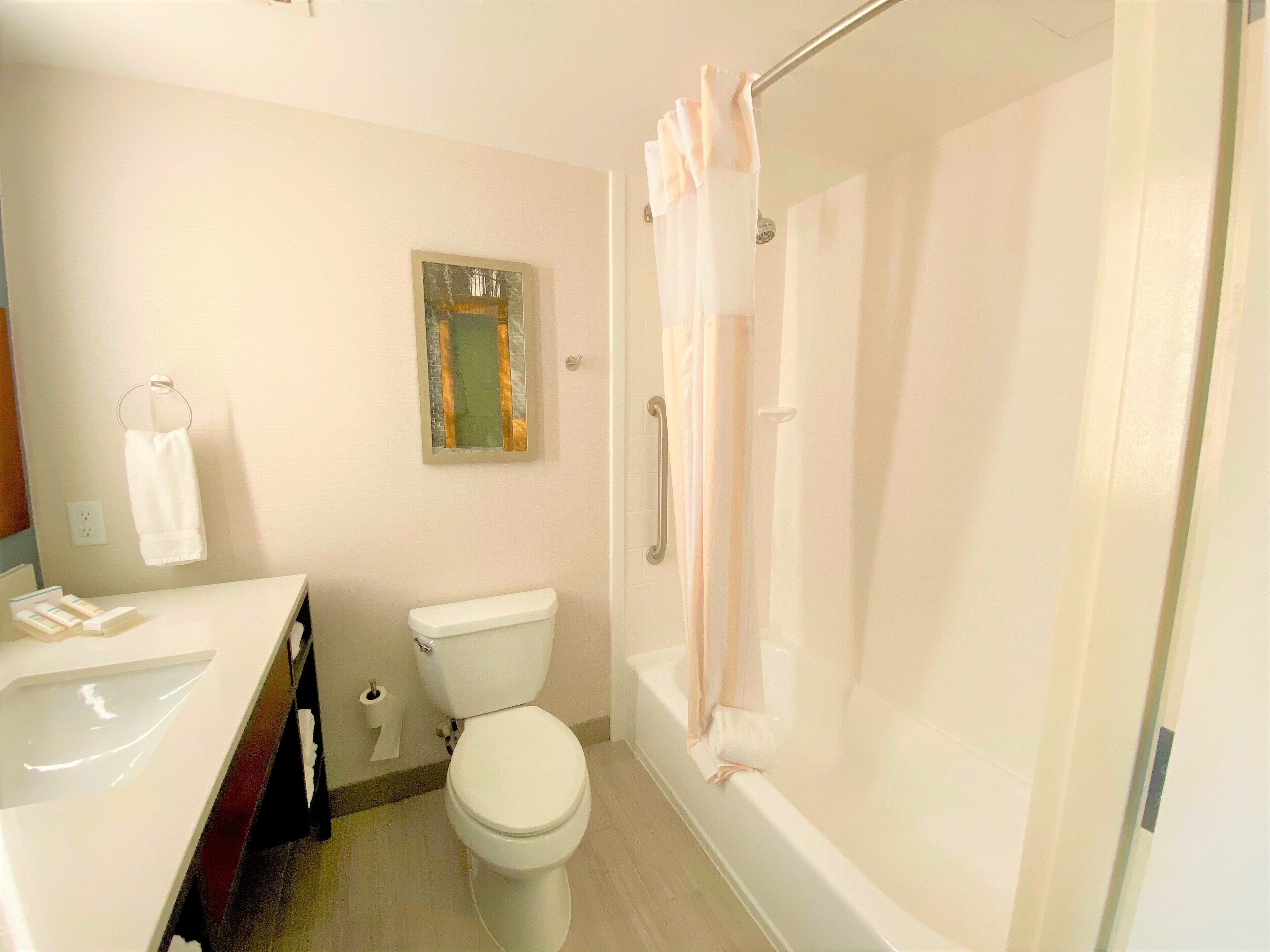 Un baño con inodoro, lavamanos y ducha.