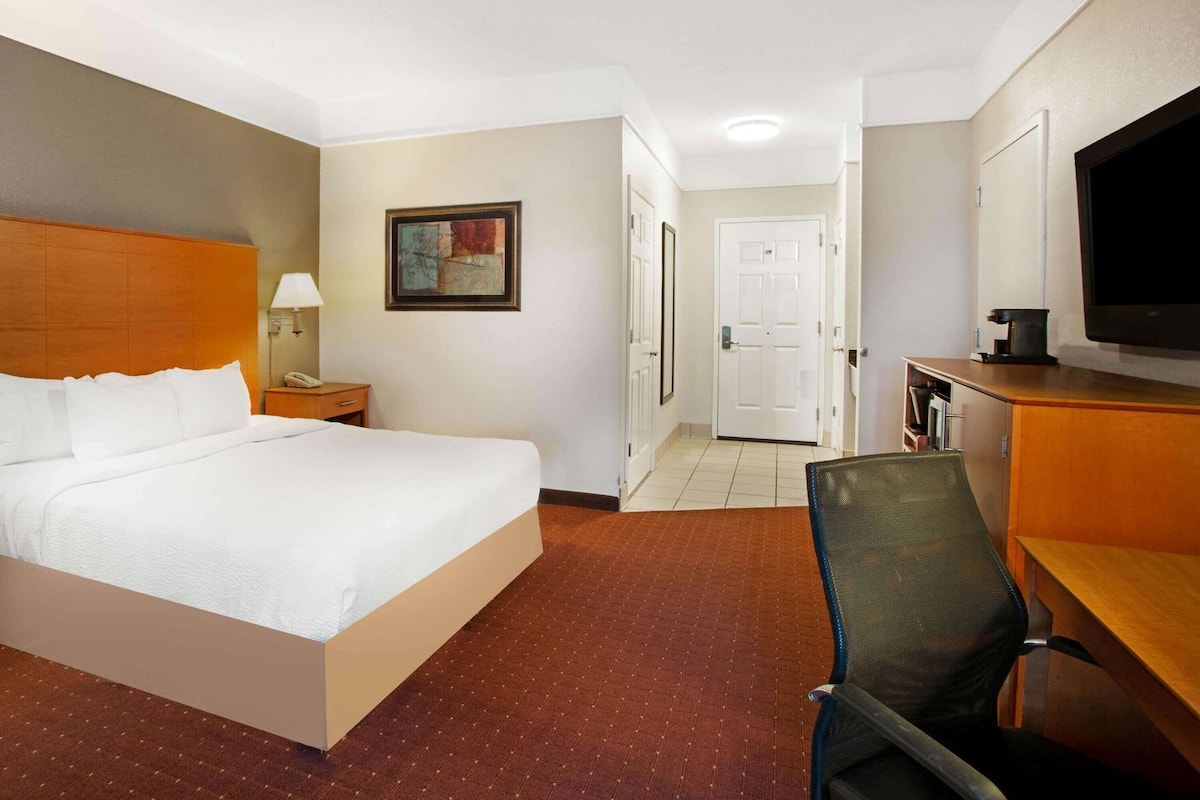 A hotel room with a bed, a desk, a chair, a television, a painting, and a door.