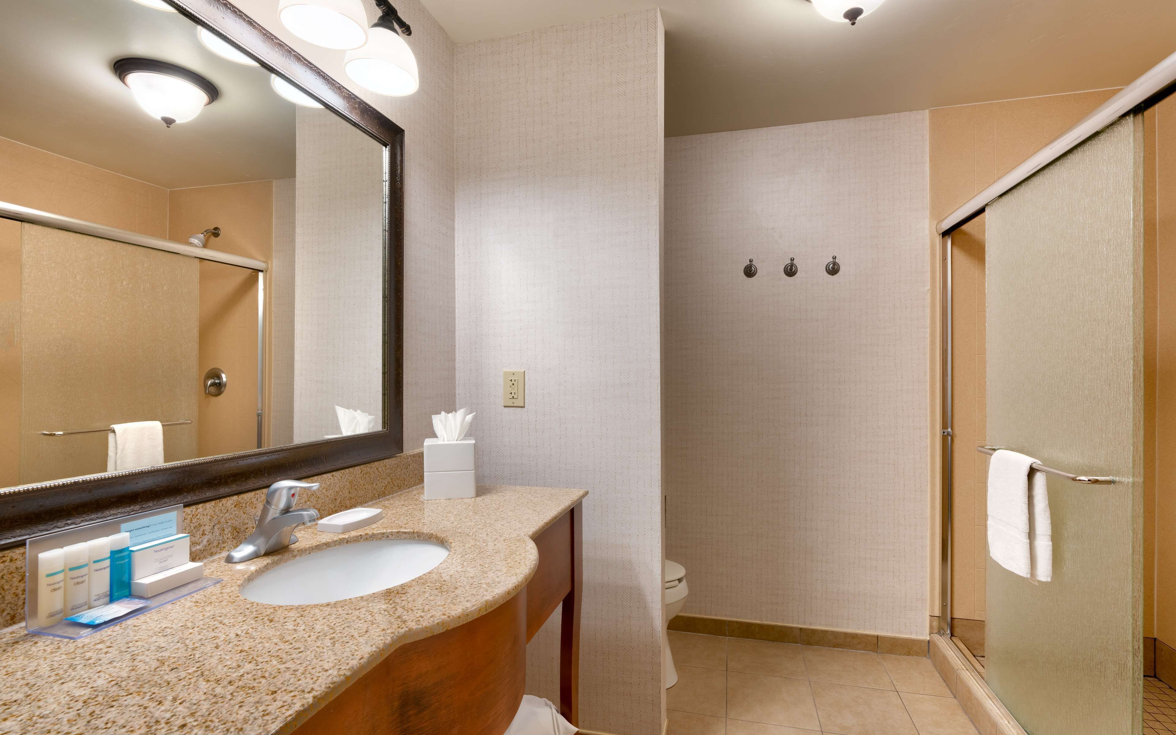 Een hotelbadkamer met een wastafel, spiegel, handdoekhouder en een douche.