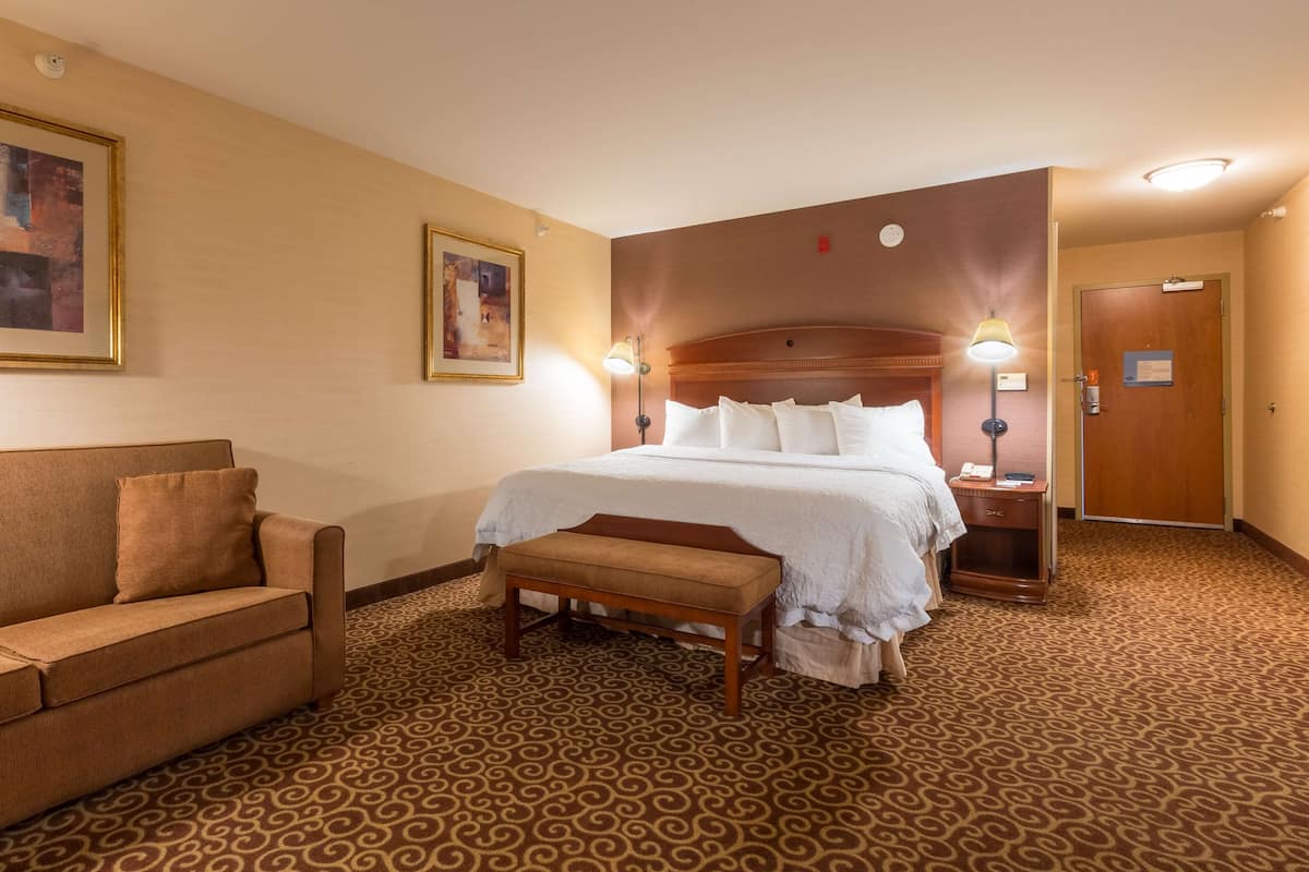 Una habitación de hotel con una cama grande, un sofá, una mesita de noche con lámpara y una alfombra estampada.