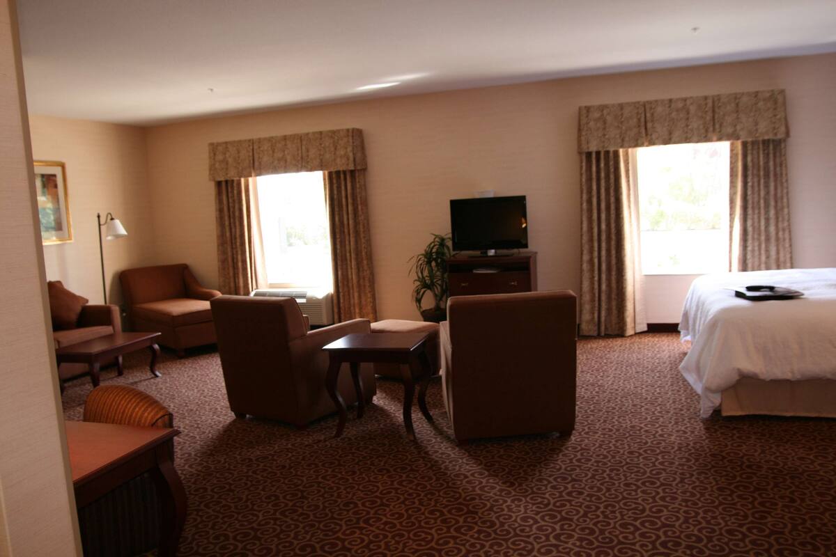 Habitación de hotel con cama, dos sillones, una mesita, televisor sobre un mueble y ventana con cortinas.