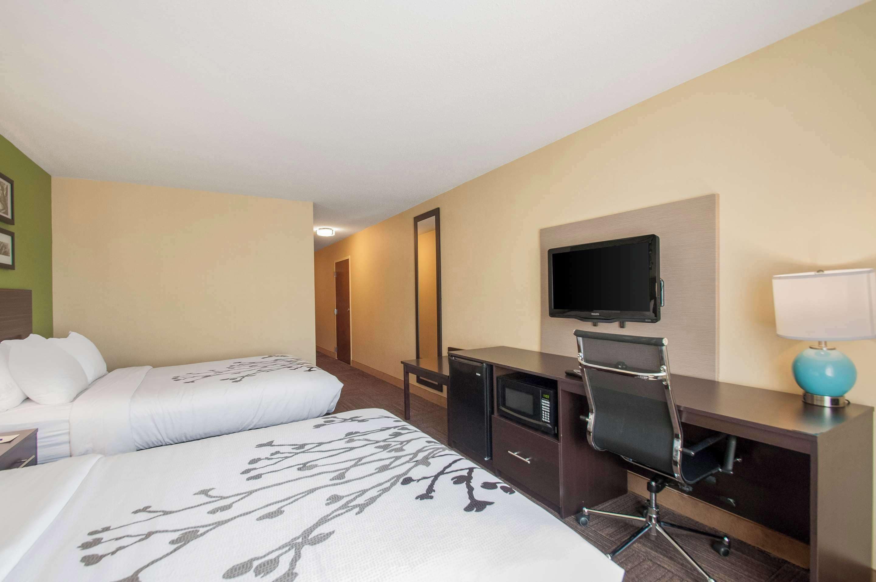 Habitación de hotel con dos camas, un escritorio con computadora, un televisor y una lámpara.