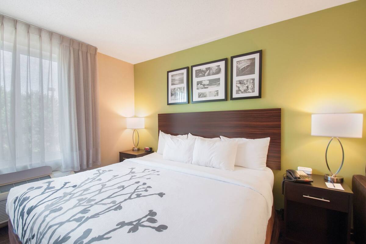 A hotel room with a bed, two bedside tables, a lamp, a nightstand, and a window with curtains.