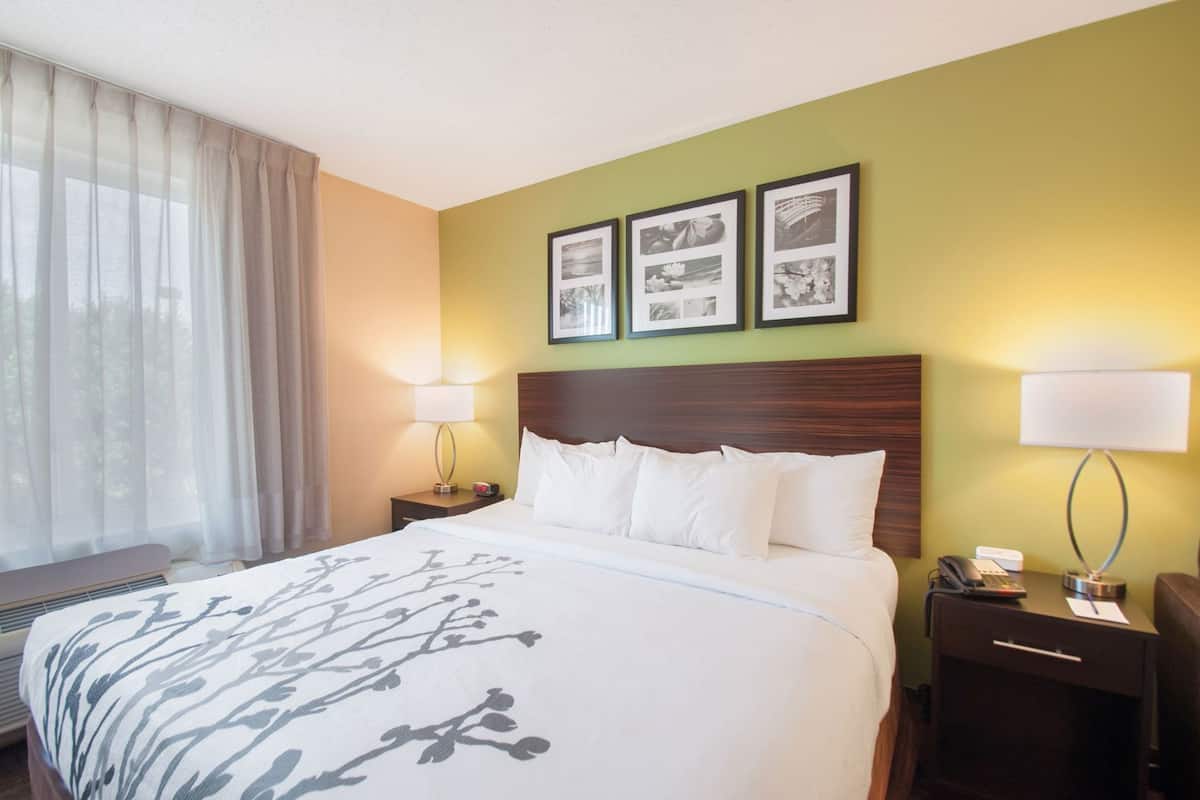 A hotel room with a bed, two bedside tables, a lamp, a nightstand, and a window with curtains.