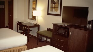 Une chambre d’hôtel avec deux lits, un bureau avec une chaise, une télévision et un minibar.