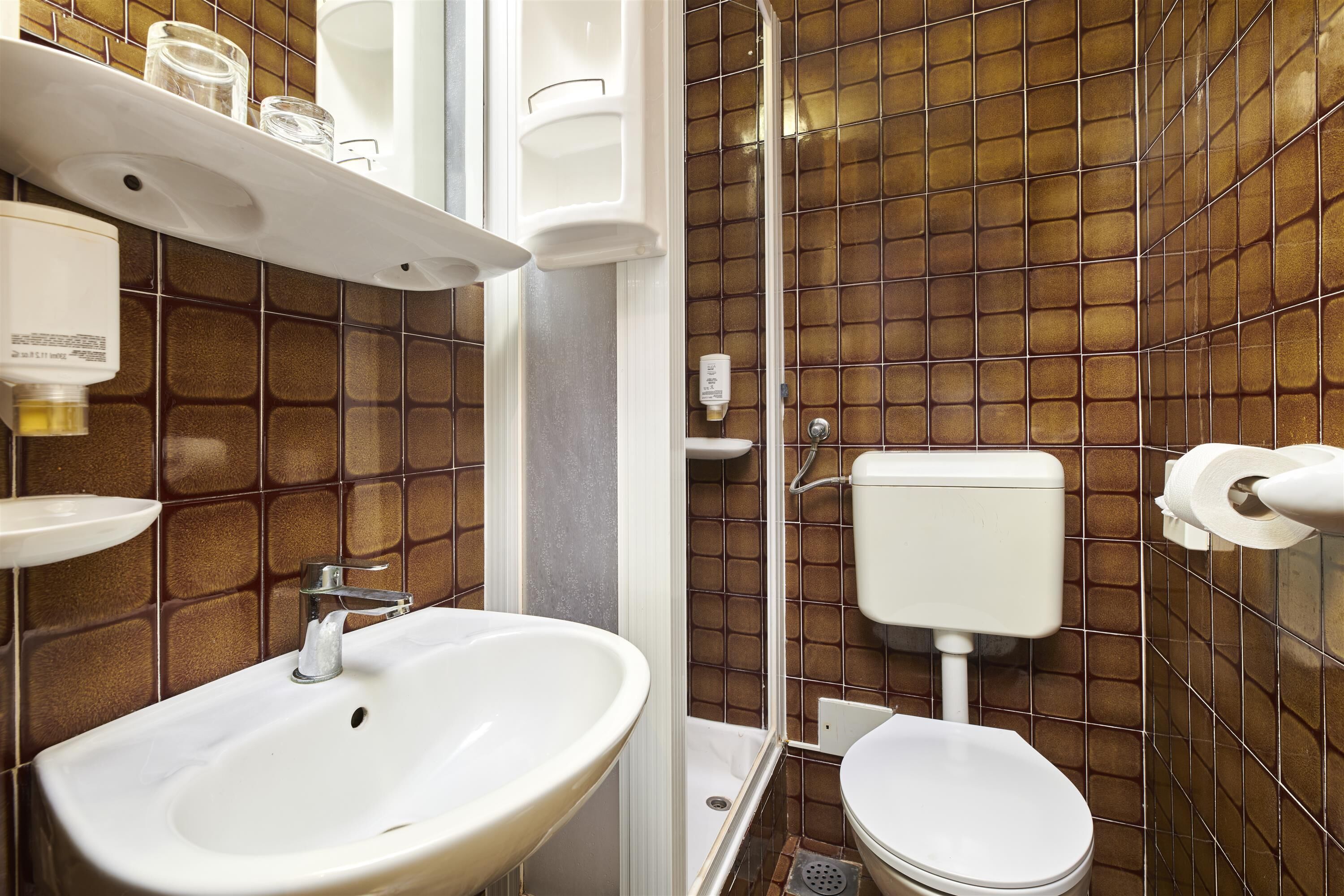 economy room | bathroom | shower, free toiletries, hair dryer, towels