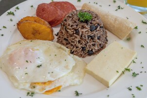 Un plato con un huevo frito, arroz negro, plátanos maduros, un trozo de carne, una tortilla y un bloque de queso.