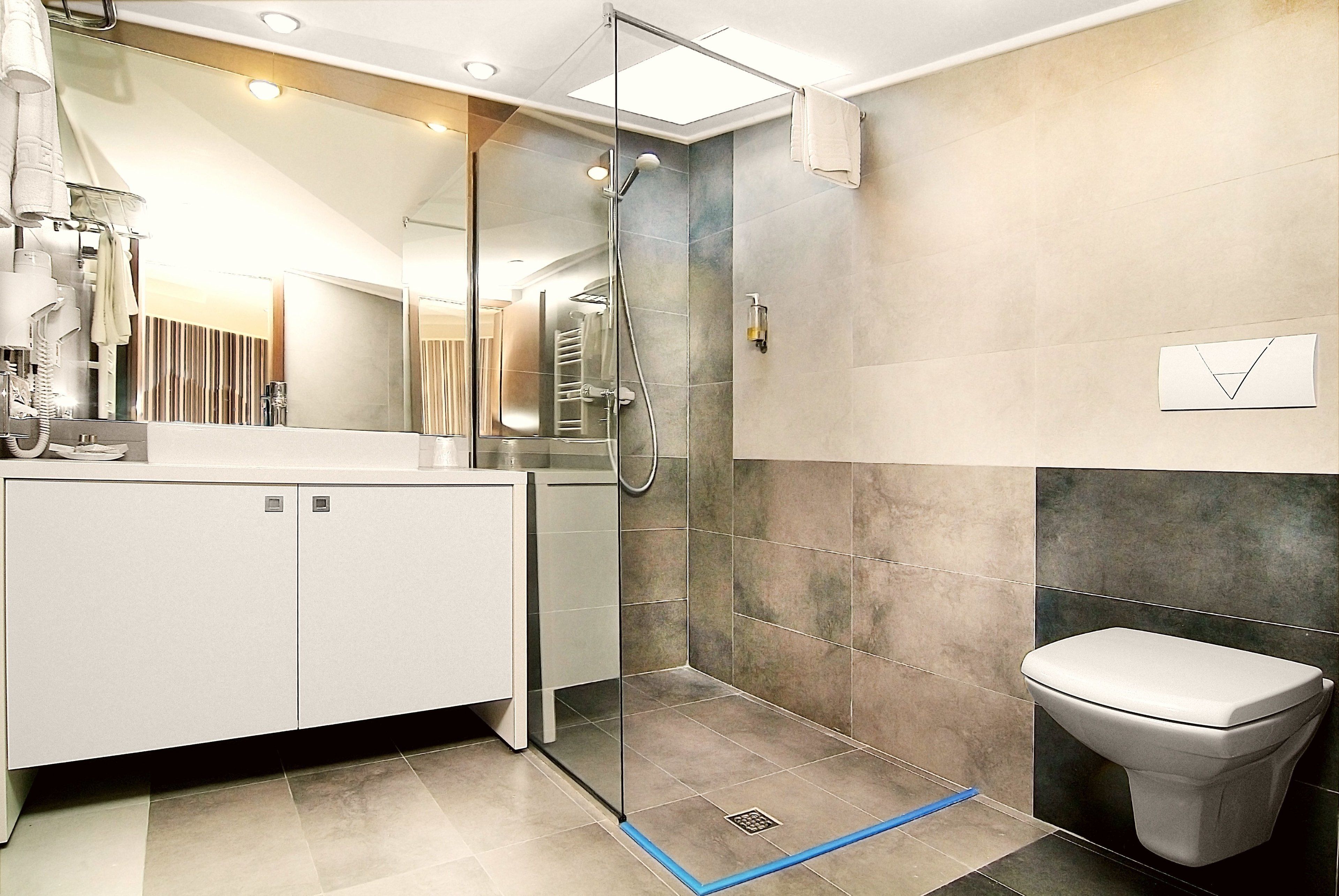 combined shower/bathtub, free toiletries, hair dryer, towels