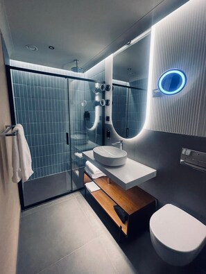 Shower, free toiletries, hair dryer, towels