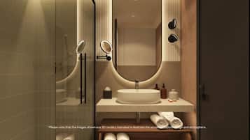 Combined shower/tub, free toiletries, hair dryer, towels