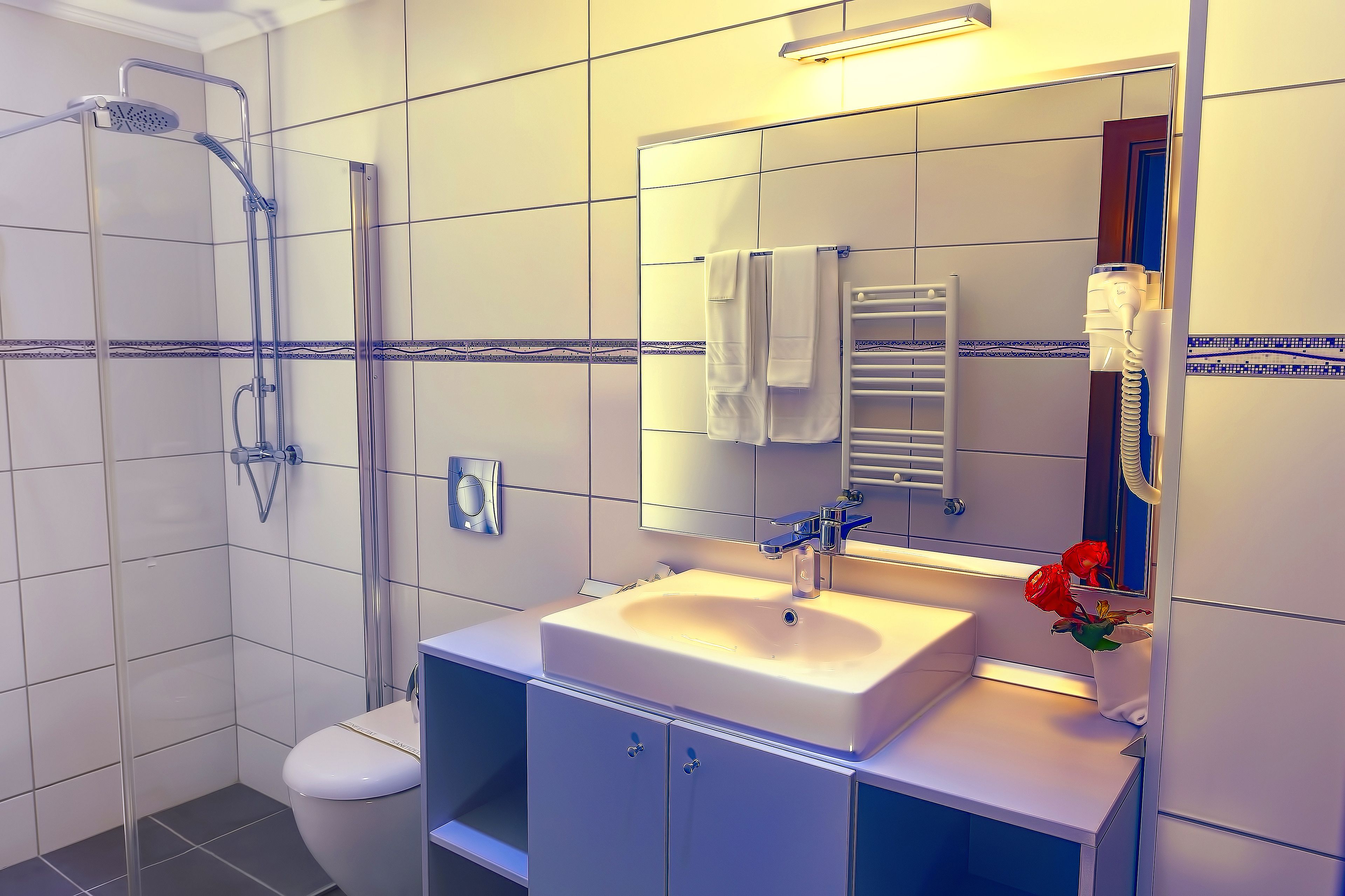 combined shower/bathtub, free toiletries, hair dryer, towels