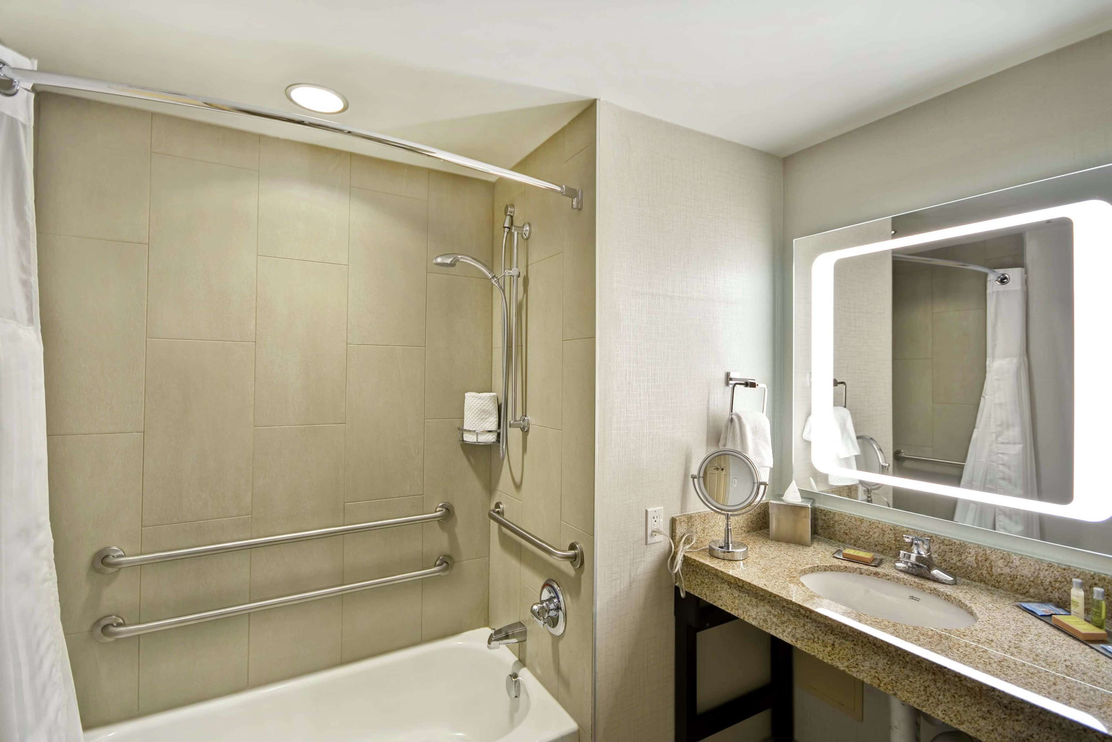 A modern bathroom with a bathtub, a shower, and a vanity with a mirror.