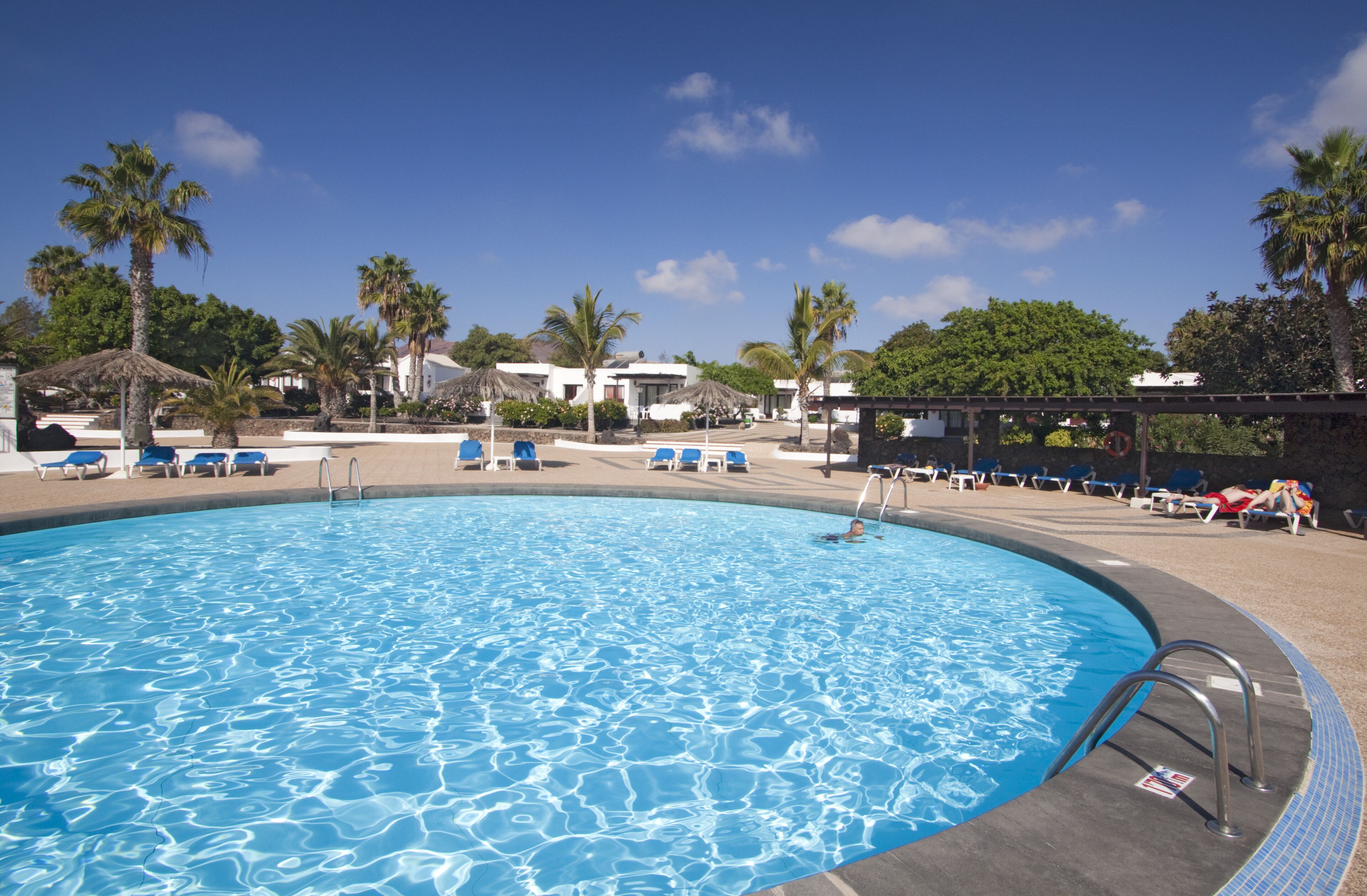 A swimming pool with clear blue water, surrounded by lounge chairs and palm trees.