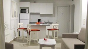 A compact living space with a kitchenette, a dining area with chairs, a small table, and a sofa.